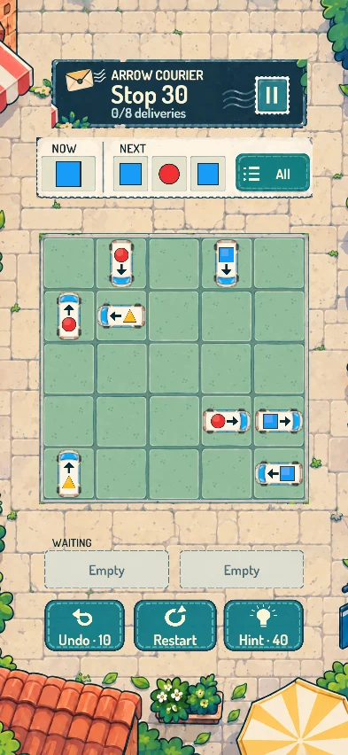Arrow Courier's Stop 30: eight vans on a green courtyard grid, a parcel delivery queue above, and two empty waiting spaces below.