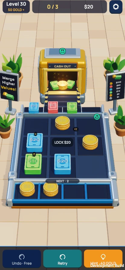 Level 30 in an English Coin Conveyor development build: a gold cash machine above a navy puzzle board with coins, banknotes, a locked slot and incoming money.