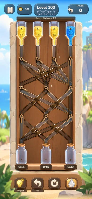 Level 100 in the current Sandfall Sort development build: four sand reservoirs feed crossing channels above three jars with different capacities.